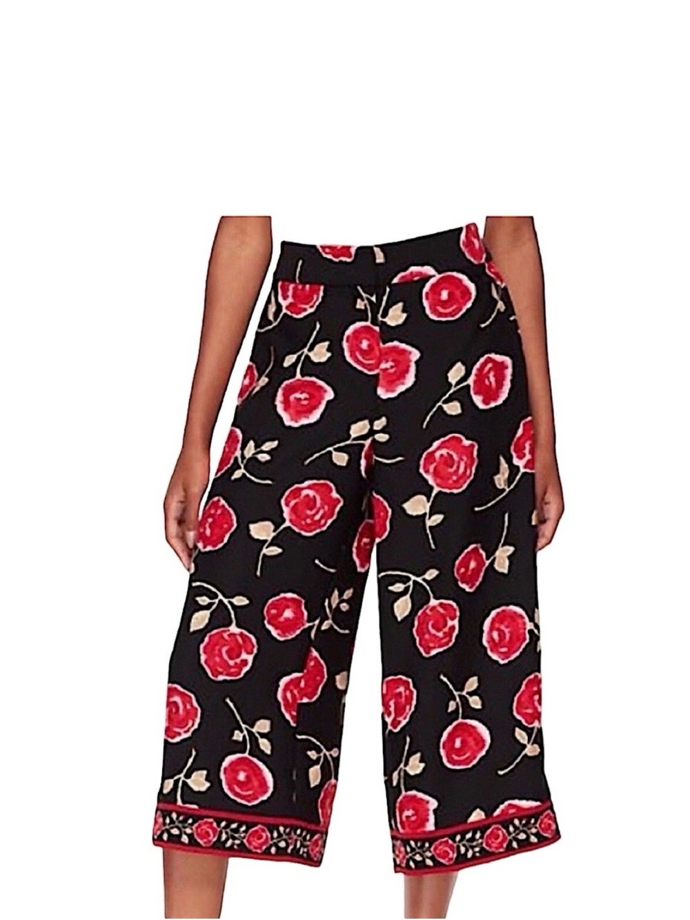 Kate Spade Black Cropped Wide-Leg Pants with Red Floral Print